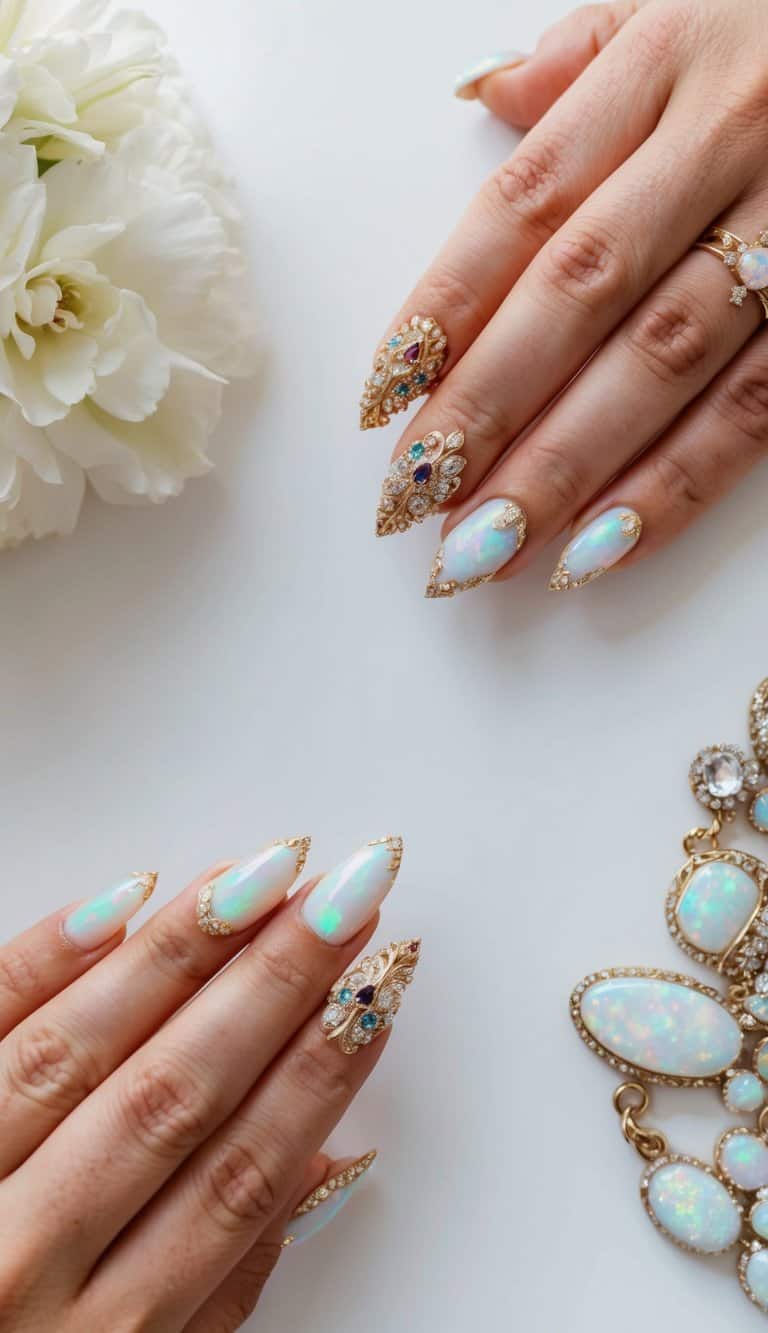 A table adorned with opulent opal-themed nail art designs for a bridal shower