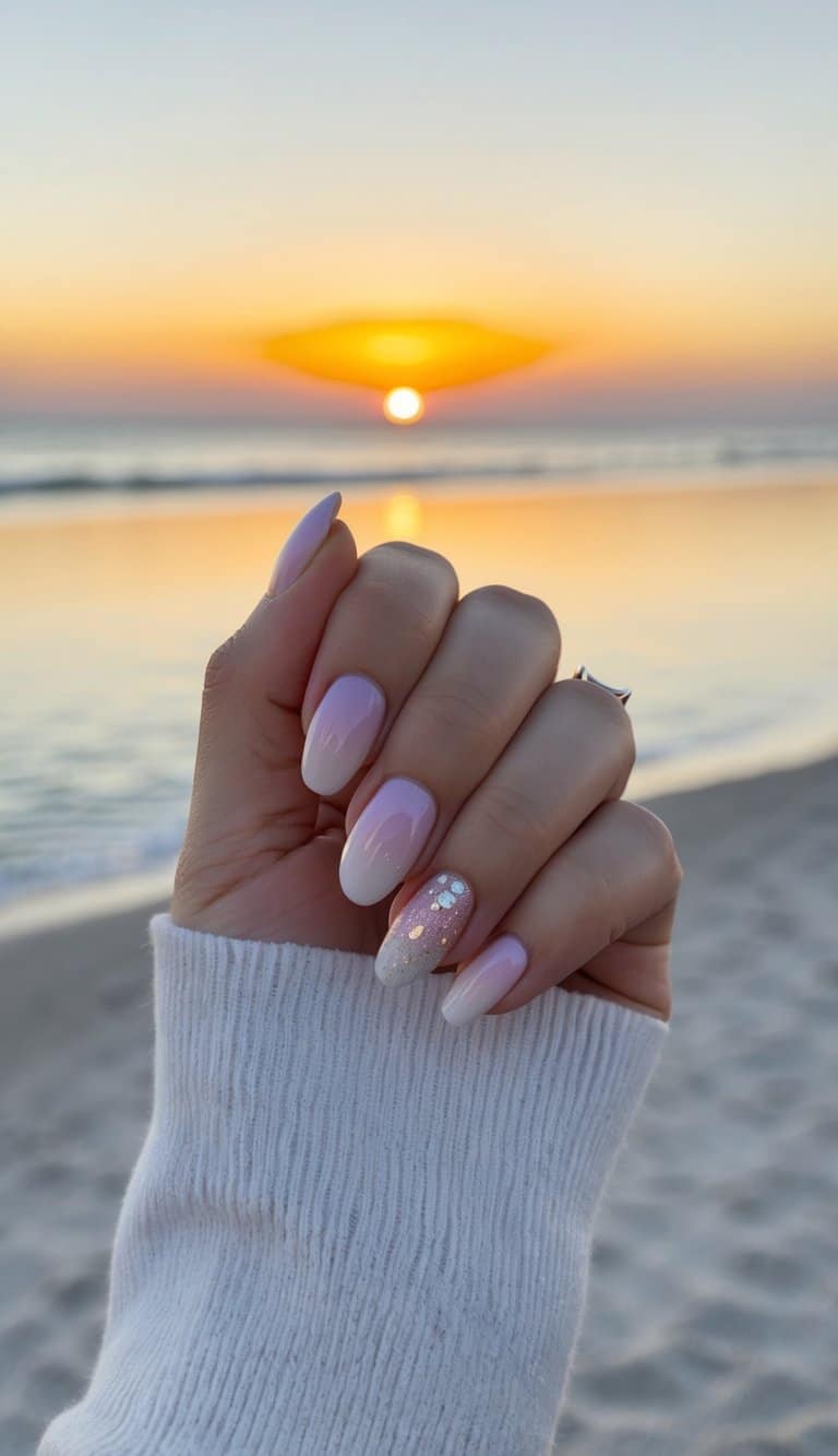 A serene beach at sunset, with a gradient ombre sky blending from golden yellow to deep purple over the horizon