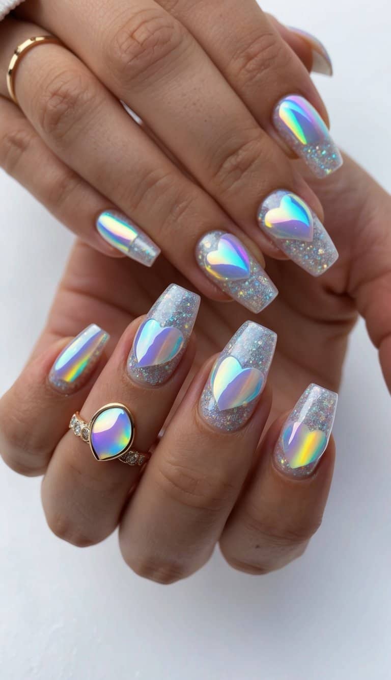 Dazzling glitter nail art designs with iridescent hearts