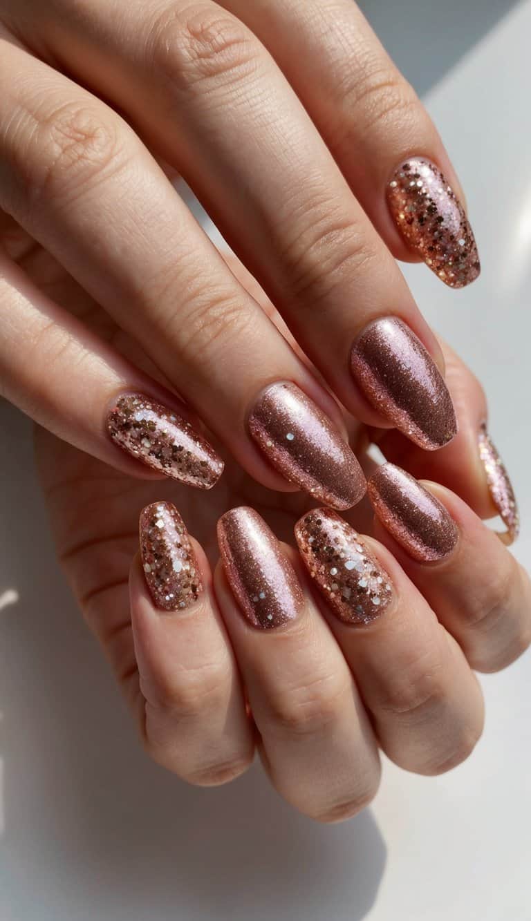 A collection of 50 short glitter nail art designs in rose gold, sparkling and dazzling under the light