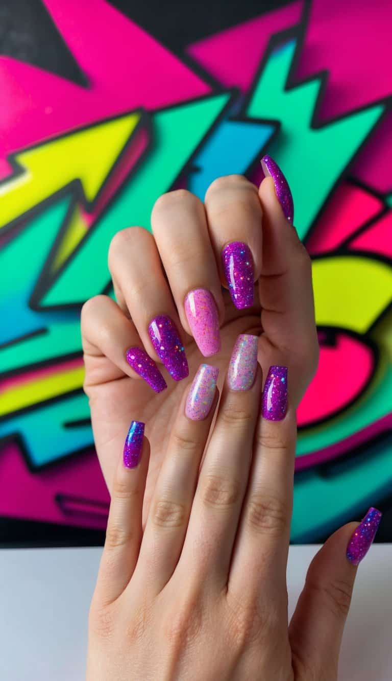 Vibrant neon graffiti backdrop with sparkling short glitter nail art designs displayed in a row