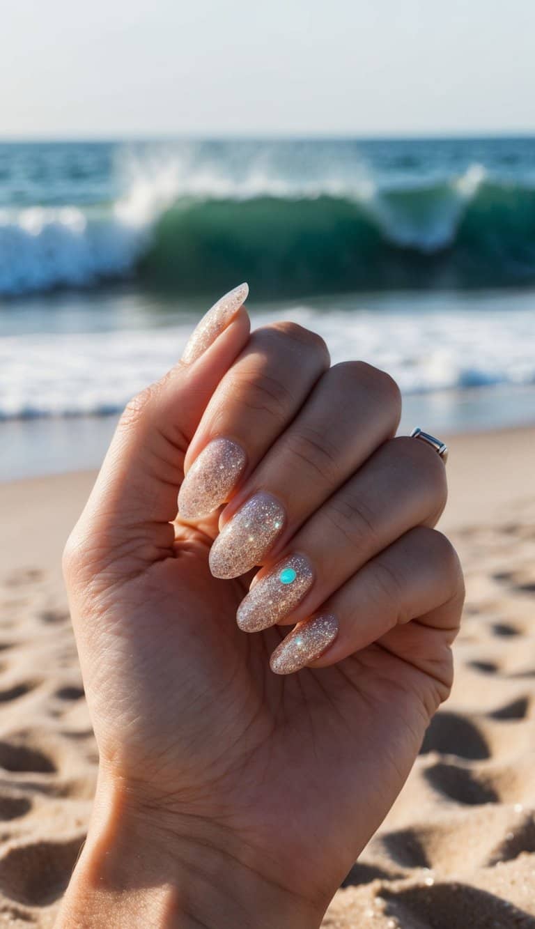Sparkling glitter nails on a sandy beach with waves in the background