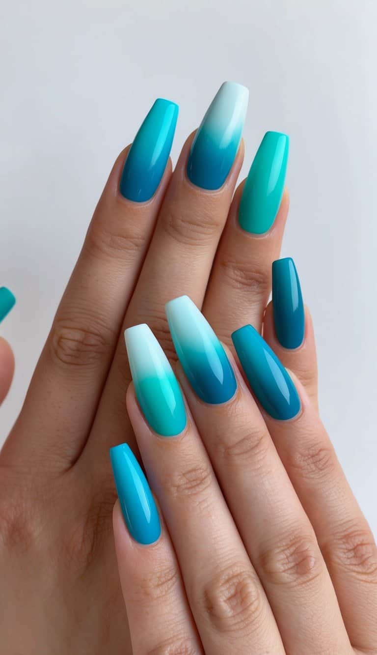 A set of 50 nail tips showcasing a gradient ombre transition from teal to turquoise, arranged in a visually appealing manner for an illustrator to recreate