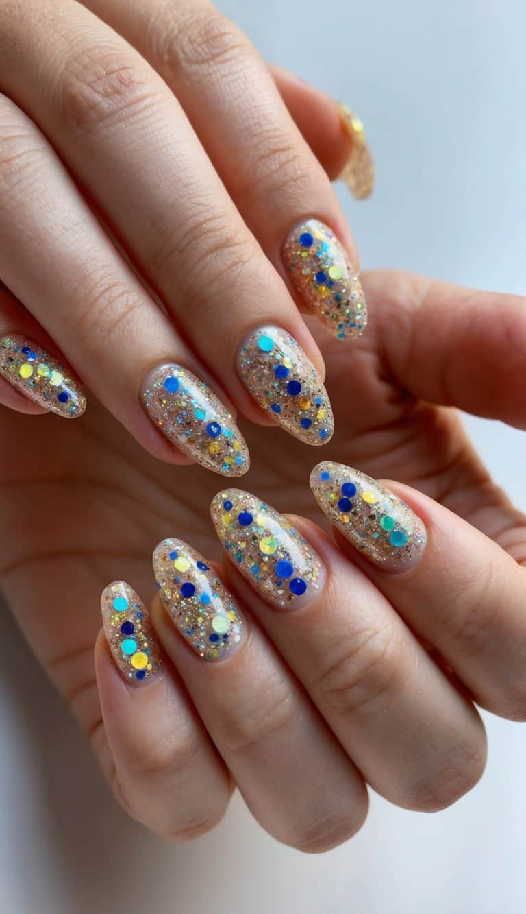 Sparkling glitter nail designs on short nails. Bright colors and intricate patterns. Multiple angles and close-ups for detail