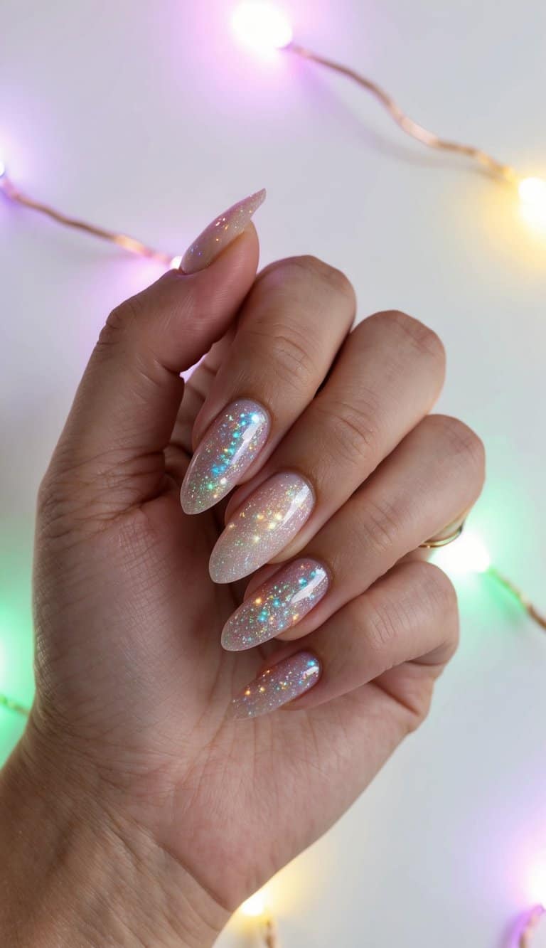 Nails shimmer with iridescent glitter, radiating a celestial sparkle. 