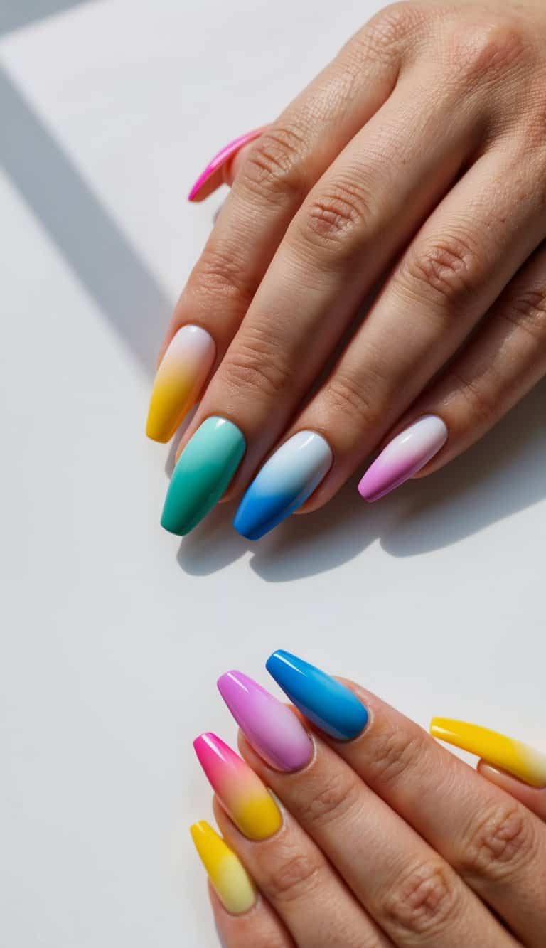 A colorful array of gradient ombre nail designs displayed on a clean, minimalistic background