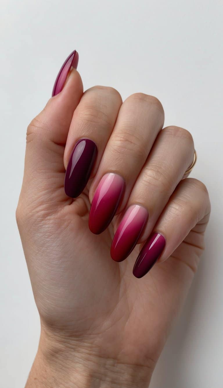 A set of nails with a gradient ombre design from ruby red to burgundy