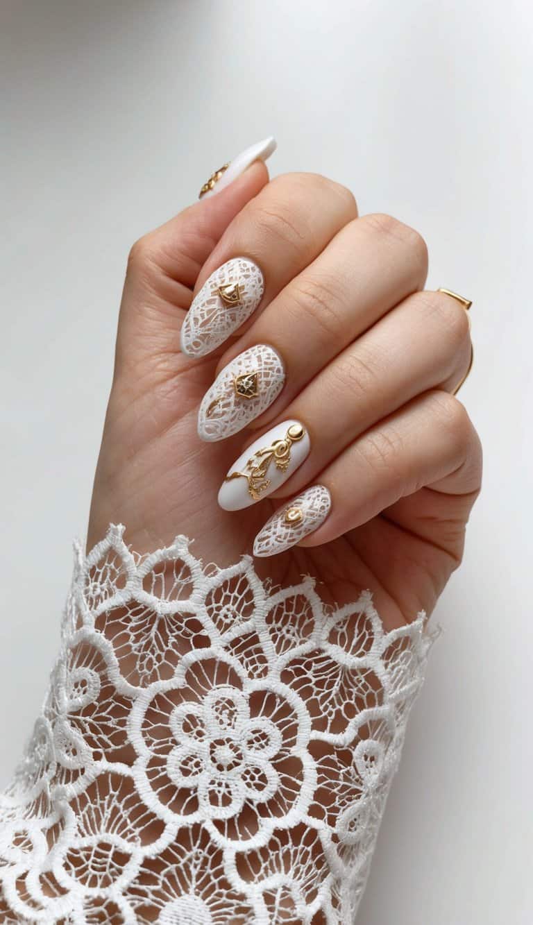 A close-up of white lace patterns with intricate gold details for nail art inspiration