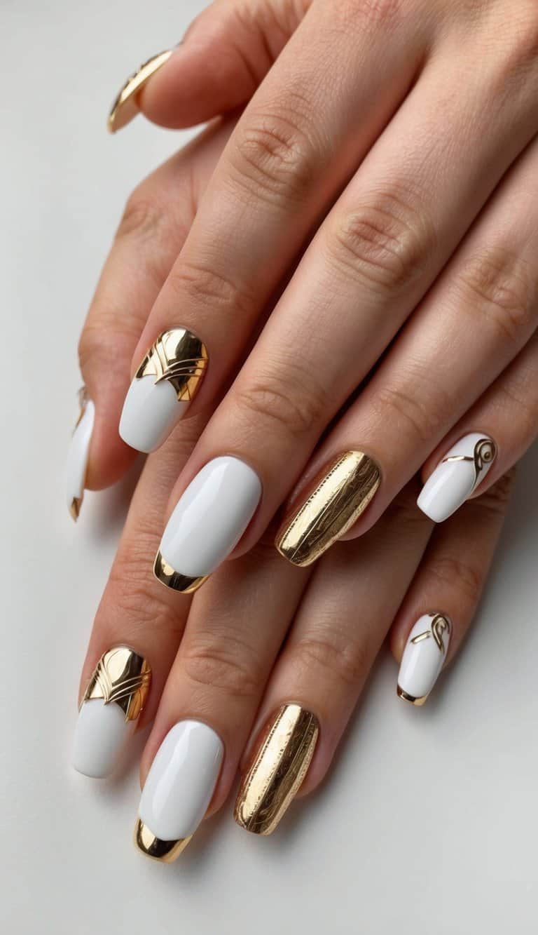 White nails with metallic gold tips arranged in various intricate designs on a clean, neutral background