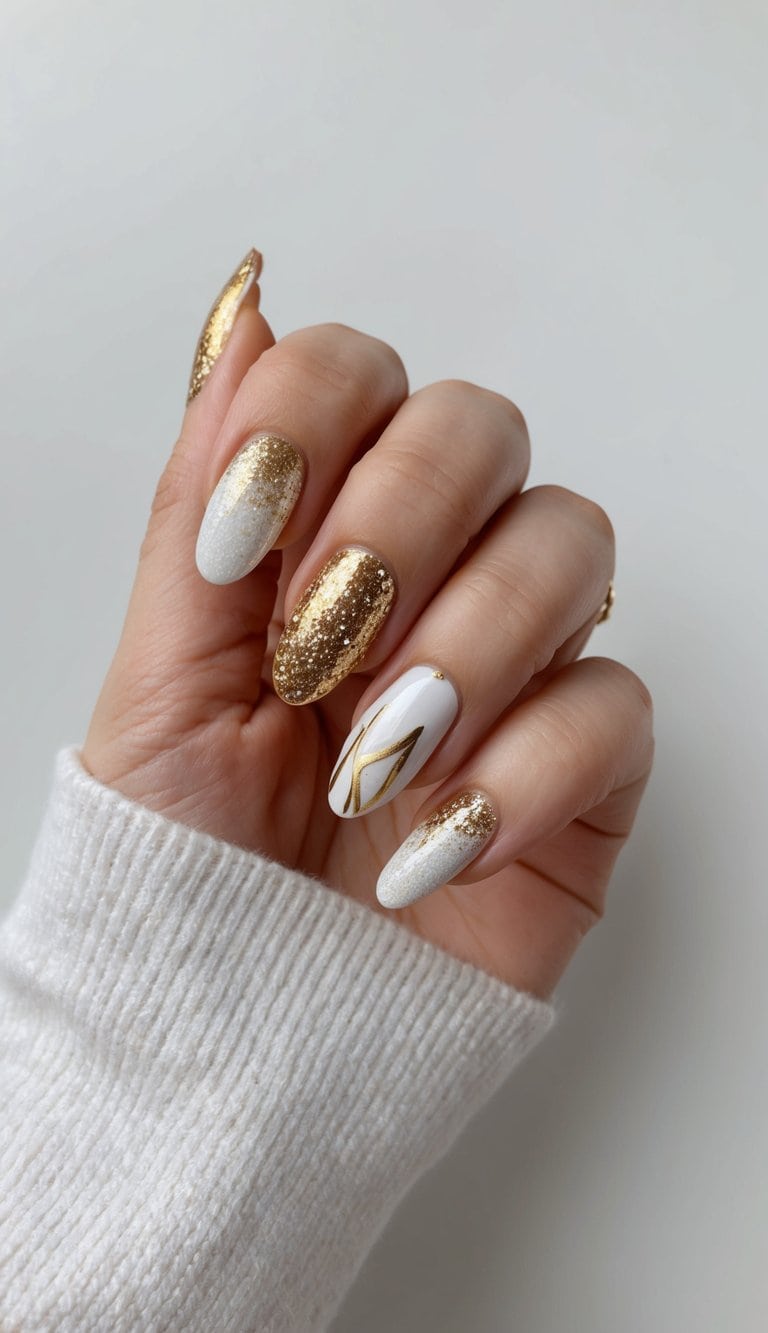 Golden glitter ombre nails with white and gold designs on a clean, neutral background