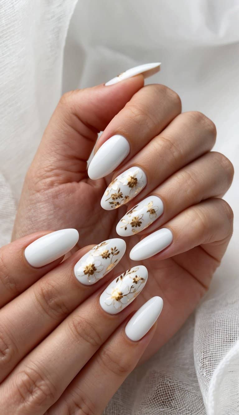 A white and gold floral nail art design on a delicate background