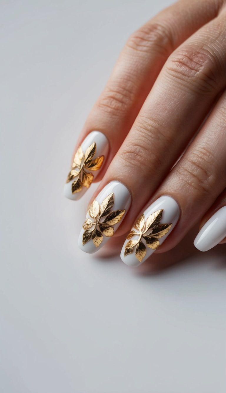 A white and gold nail art design with intricate gold leaf embellishments on a clean, manicured surface