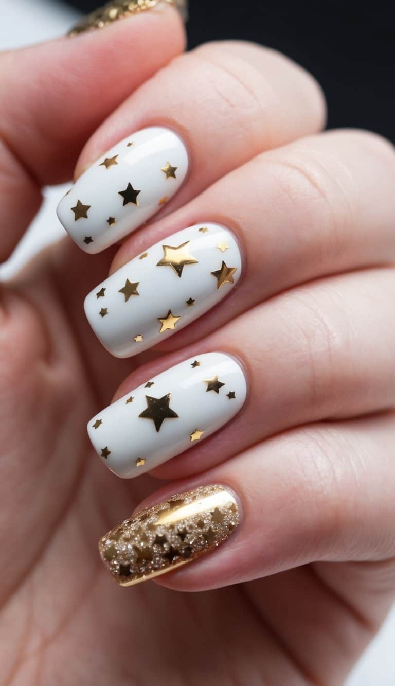 A white nail with gold stars in various sizes and patterns