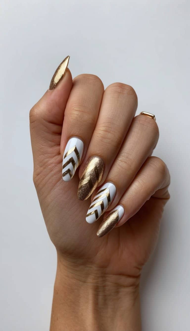 Shimmering metallic chevrons on white and gold nails