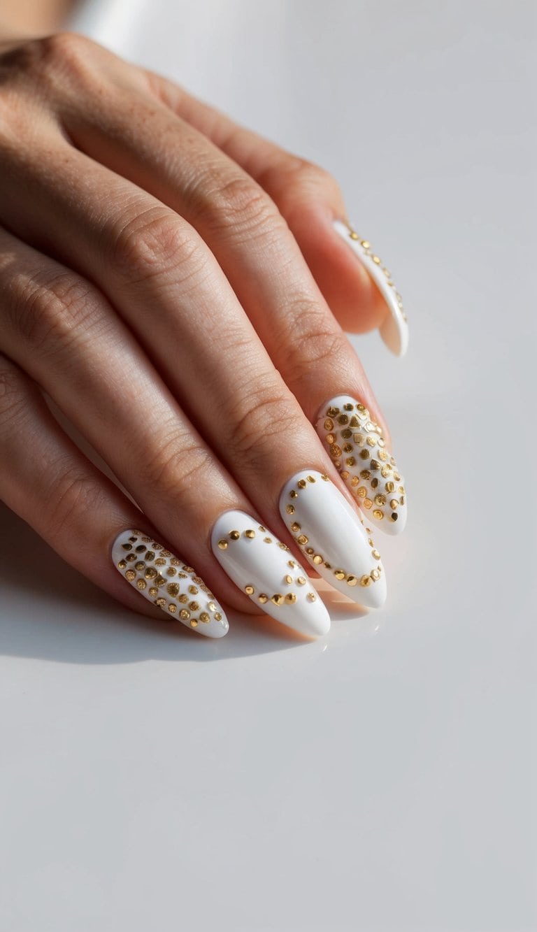 A white and gold nail art design with intricate gold studded patterns on a clean, manicured surface