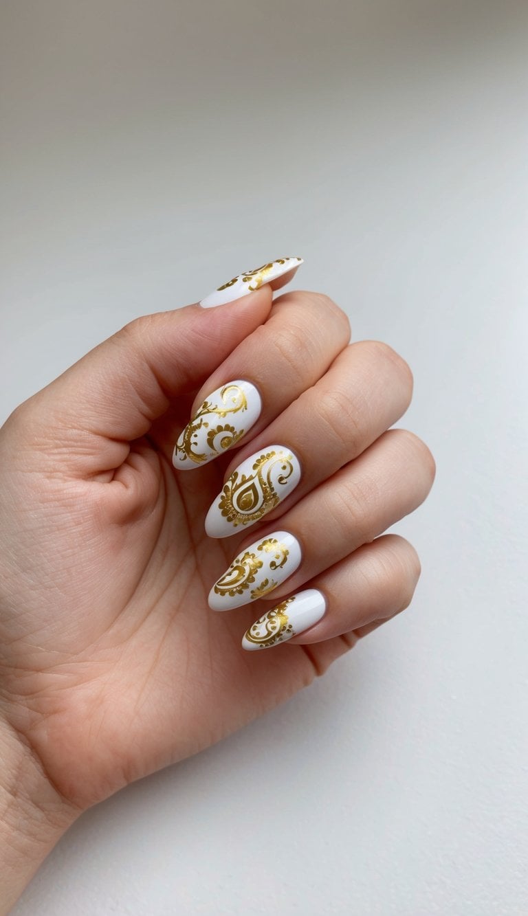 A close-up of white and gold paisley nail art designs on a manicured surface
