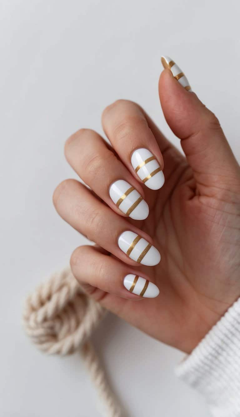 A close-up of white and gold nautical stripes on nails