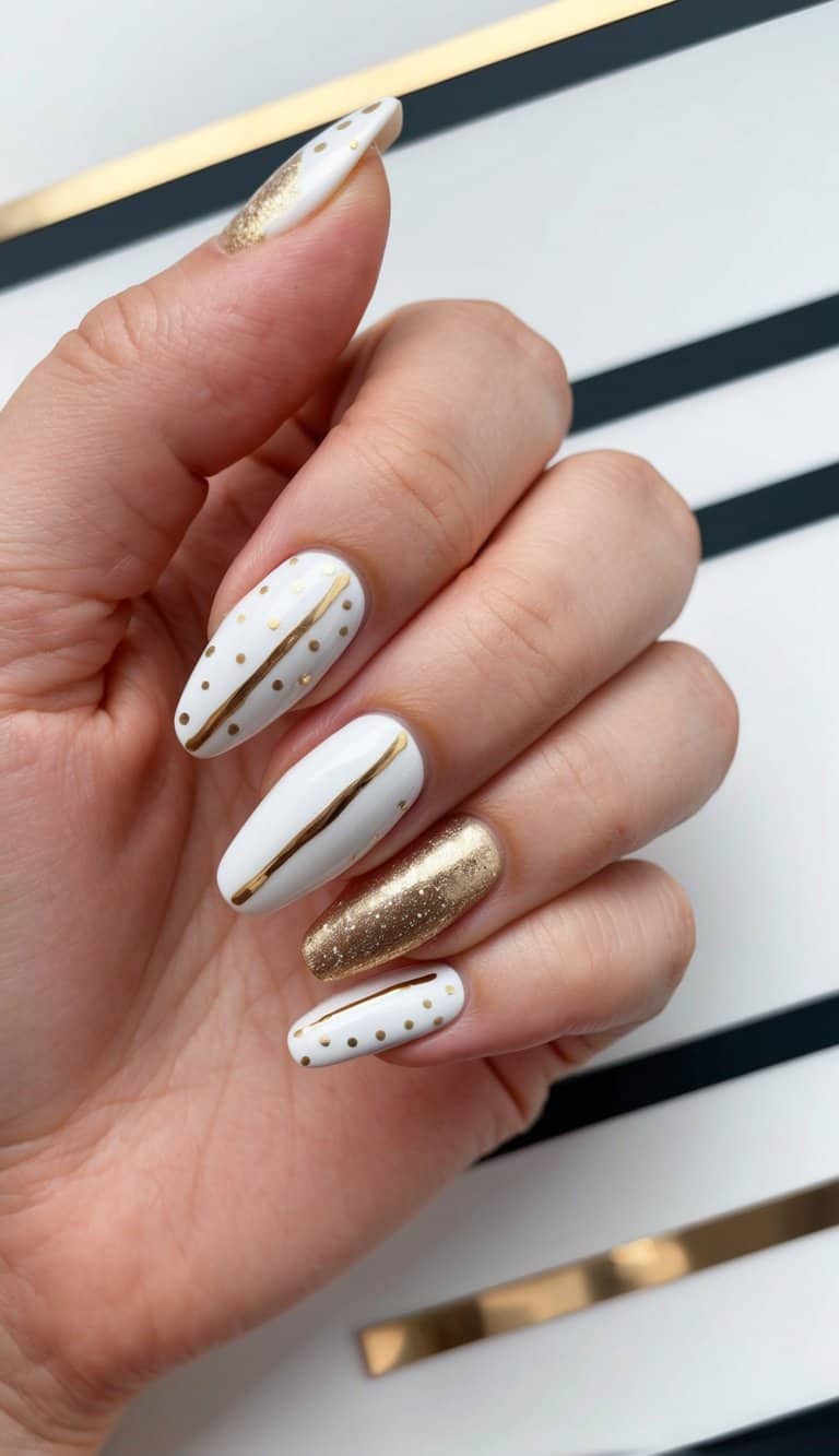 A close-up of white and gold nail art designs on a chic background of dots and stripes