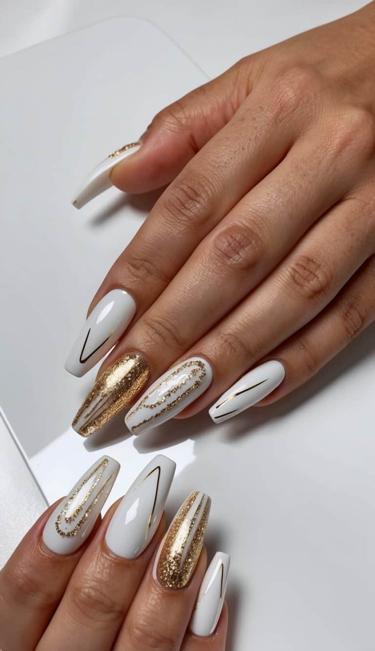 A close-up of glistening white and gold nail art designs on a sleek, modern surface