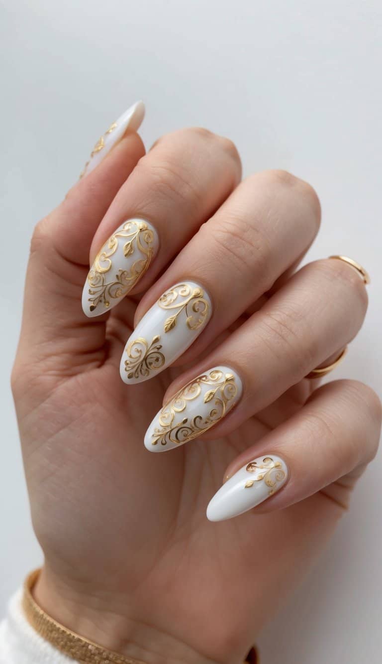 Gold filigree details on white nails, elegant and intricate
