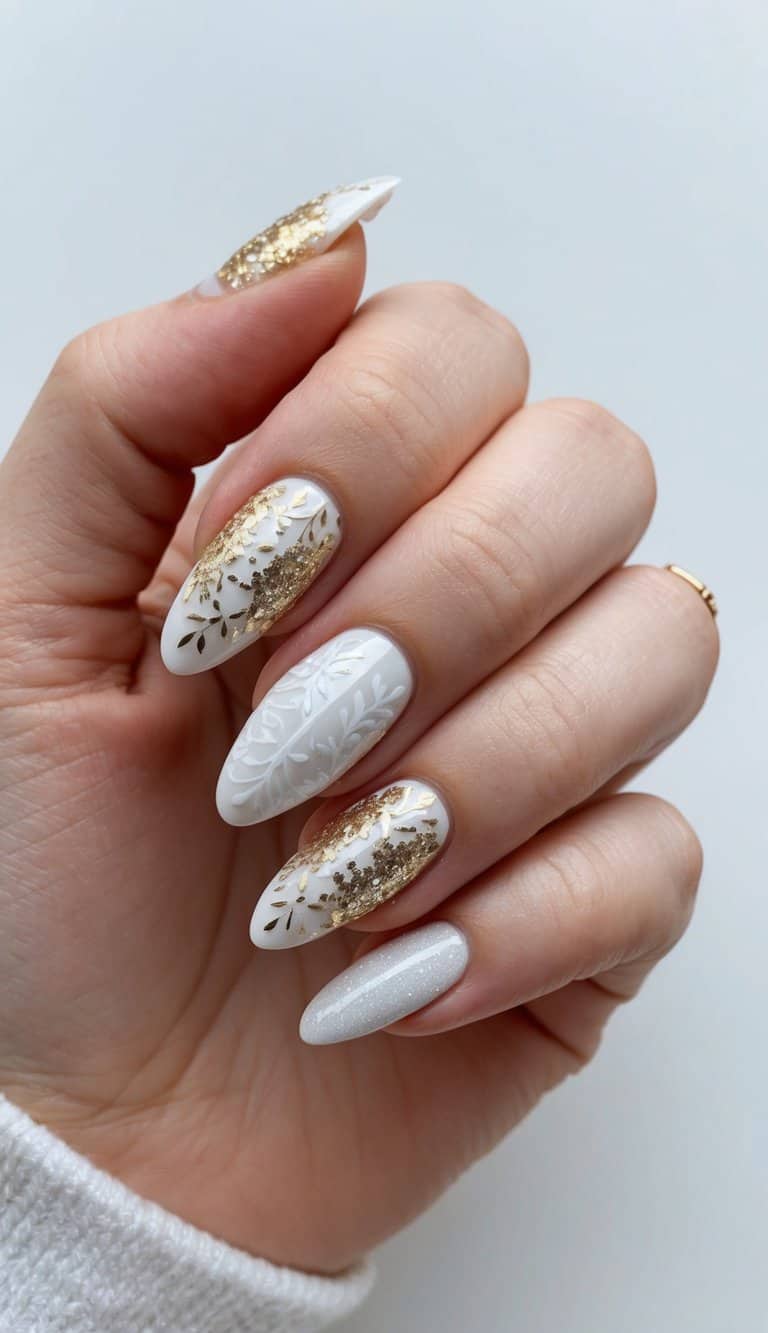 A snowy white and gold glitter nail art design with intricate patterns and delicate details