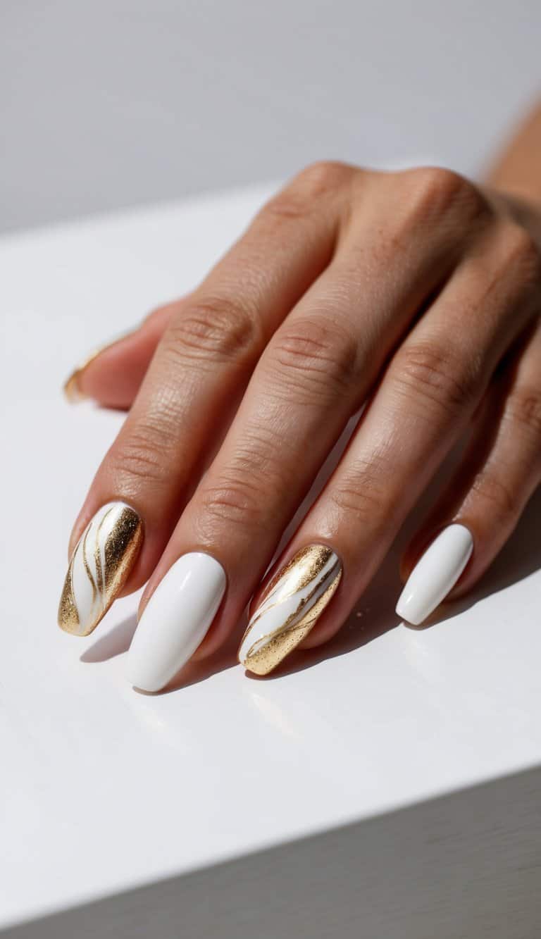 A white and gold nail art design on a clean, manicured surface