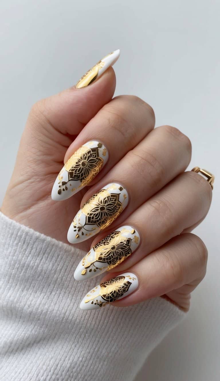 Intricate golden mandalas on white and gold nails