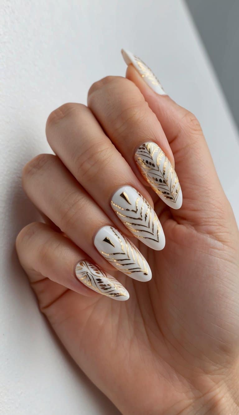 Golden patterns on white nails, elegant and intricate