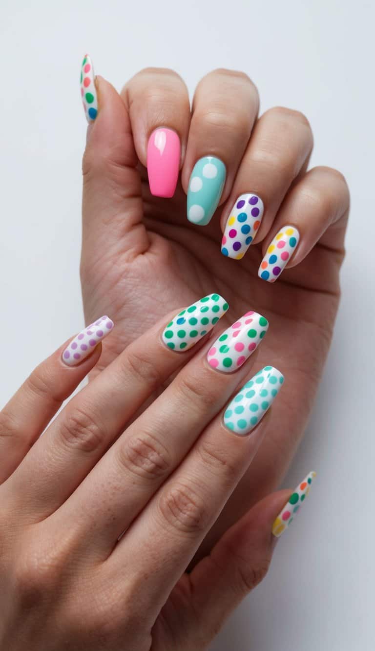 A colorful assortment of polka dot nail art designs on various nail shapes and lengths