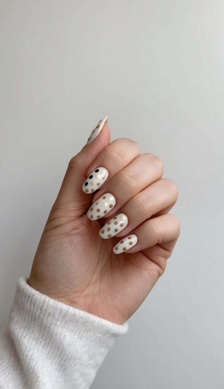 A set of nails adorned with various sizes of gold-accented polka dots in different colors on a clean and neutral background