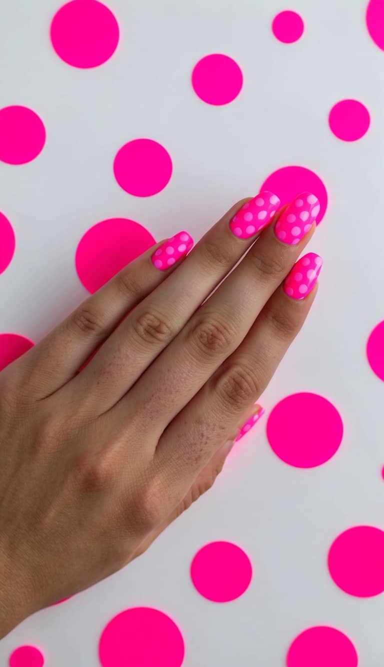 Neon pink nails with light pink polka dots look playful and fun