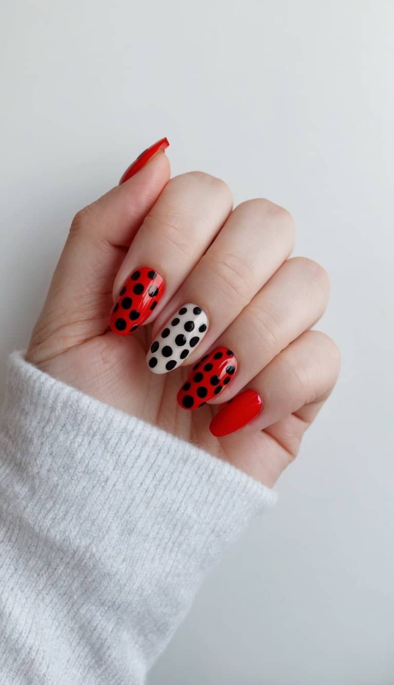 A red nail base with evenly spaced black dots in various sizes