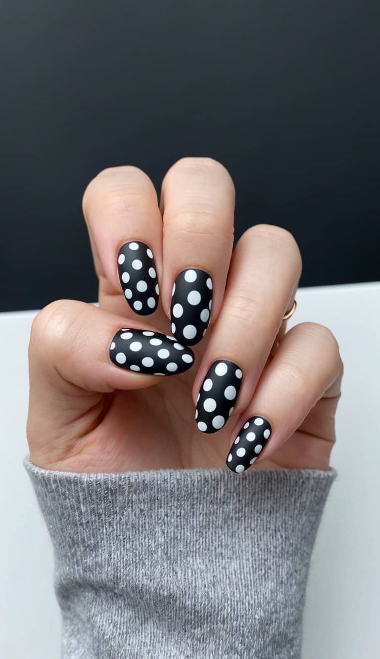 A chic black matte background adorned with various sizes of polka dots in white, creating a playful and fun nail art design