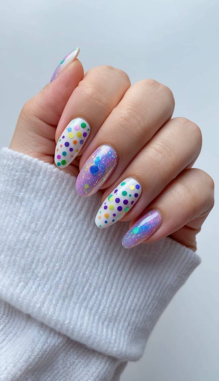 A cosmic backdrop with sparkling polka dots in various colors and sizes, creating a whimsical and vibrant nail art design