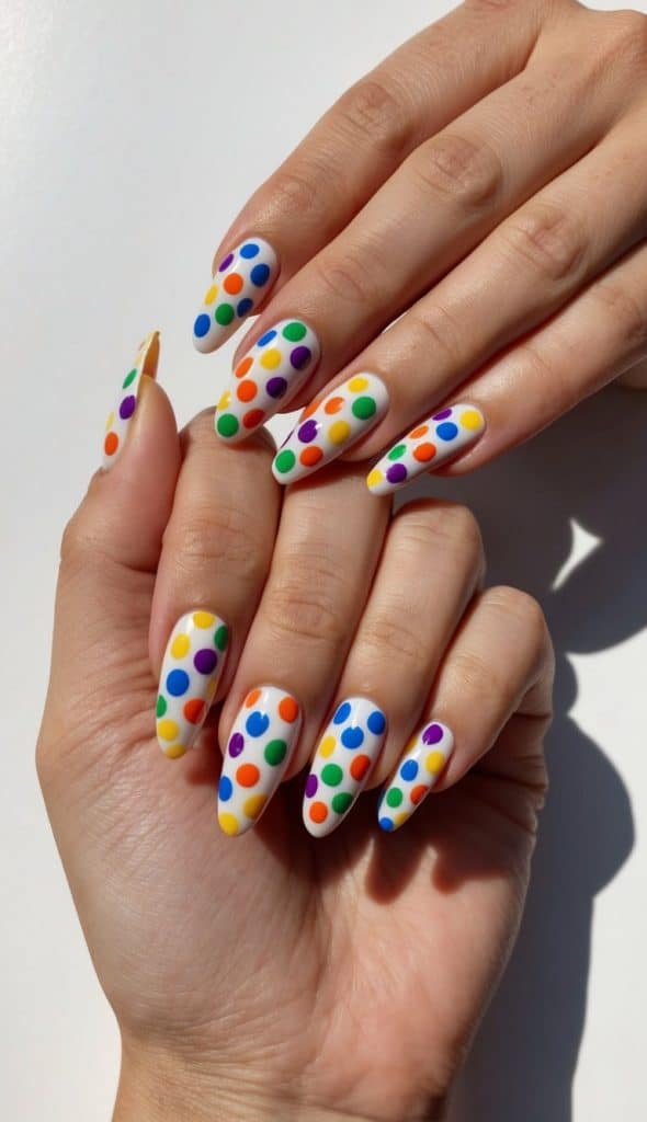 Rainbow polka dots on white nails