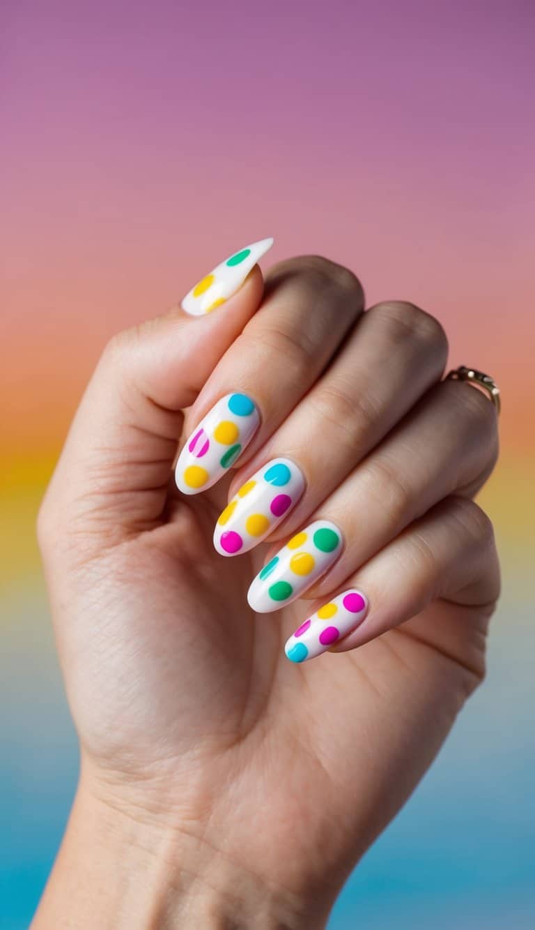 A close-up of colorful polka dot nail art 