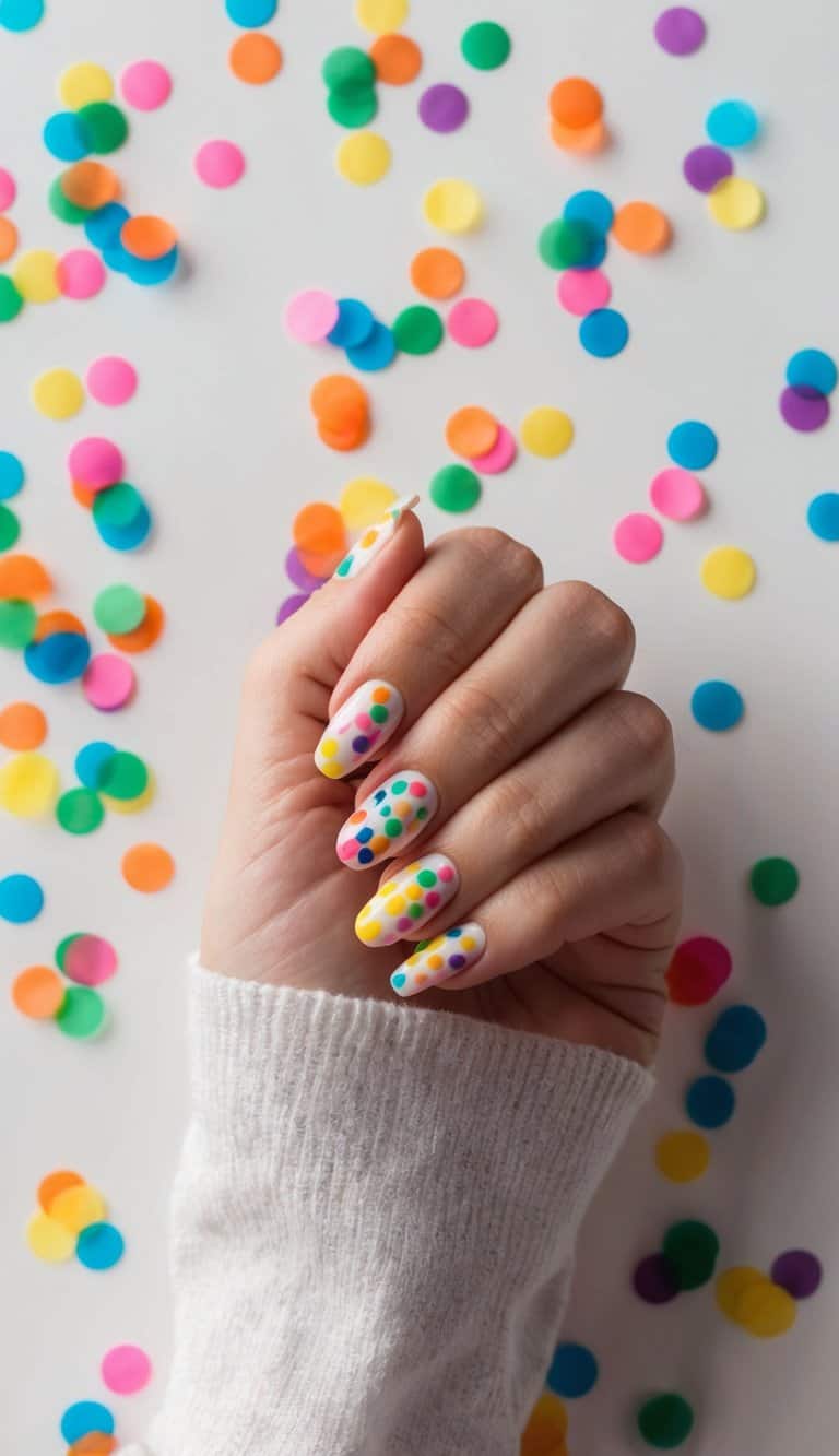 Colorful confetti dots scattered on a white background, creating a vibrant and playful atmosphere for nail art inspiration