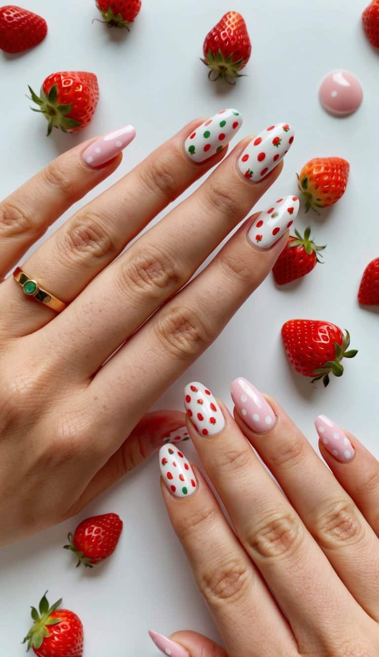 A close-up of strawberry print dots on a white background, with various polka dot nail art designs surrounding them