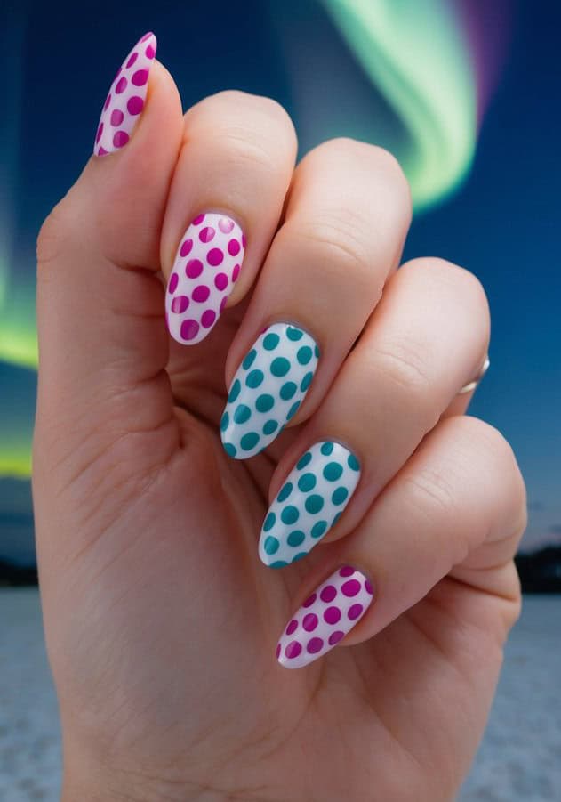 Alternating teal and magenta polka dots over a clean white base create a modern and striking polka-dot design