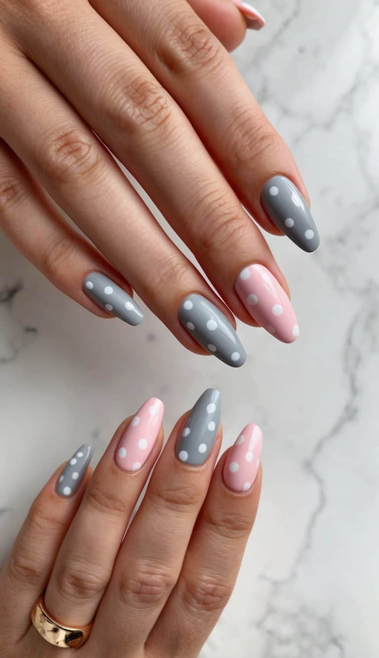Grey and pink polka dot nail art designs on a chic background