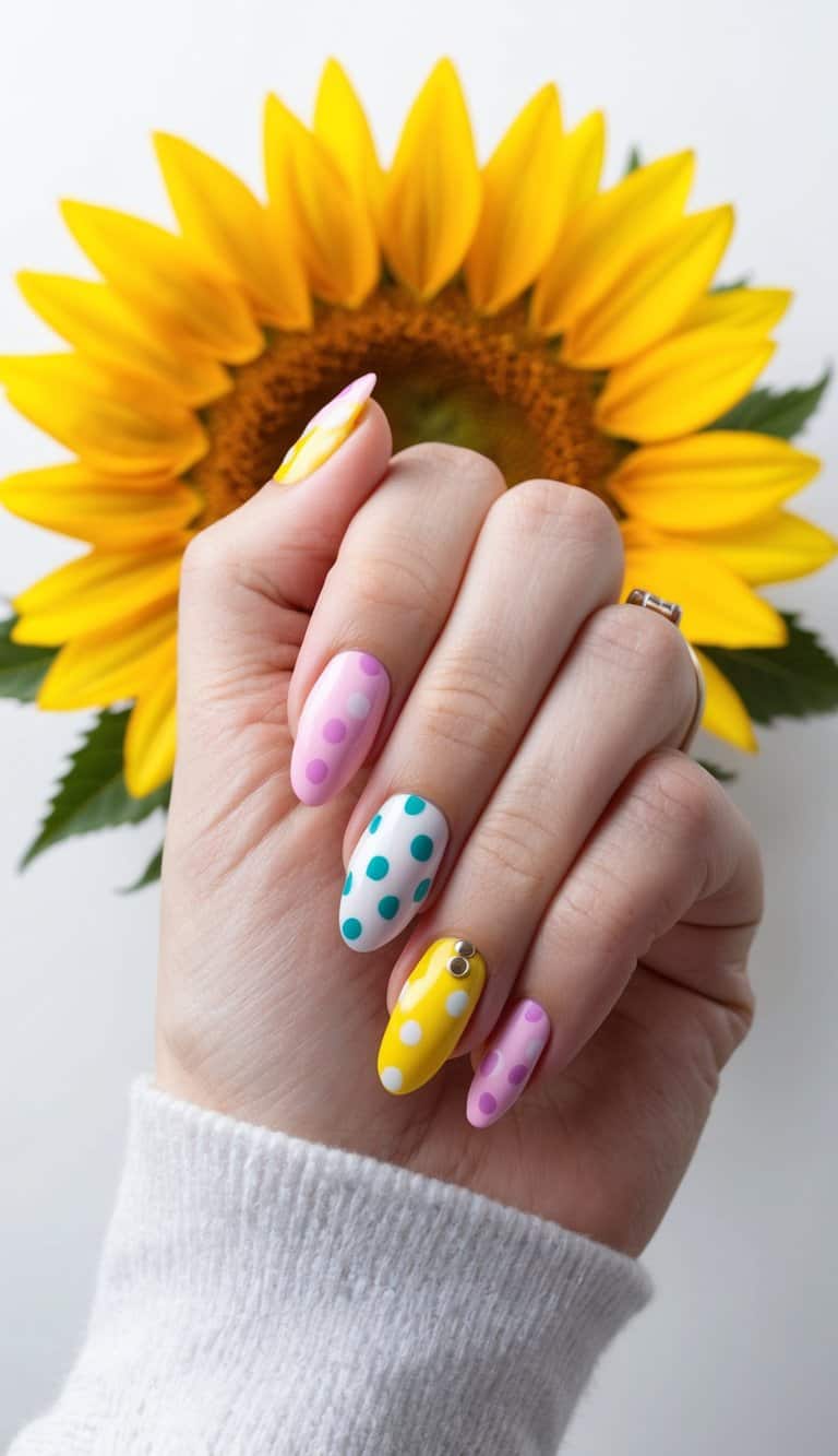 A close-up of colorful polka dot nail art on a bright sunflower background