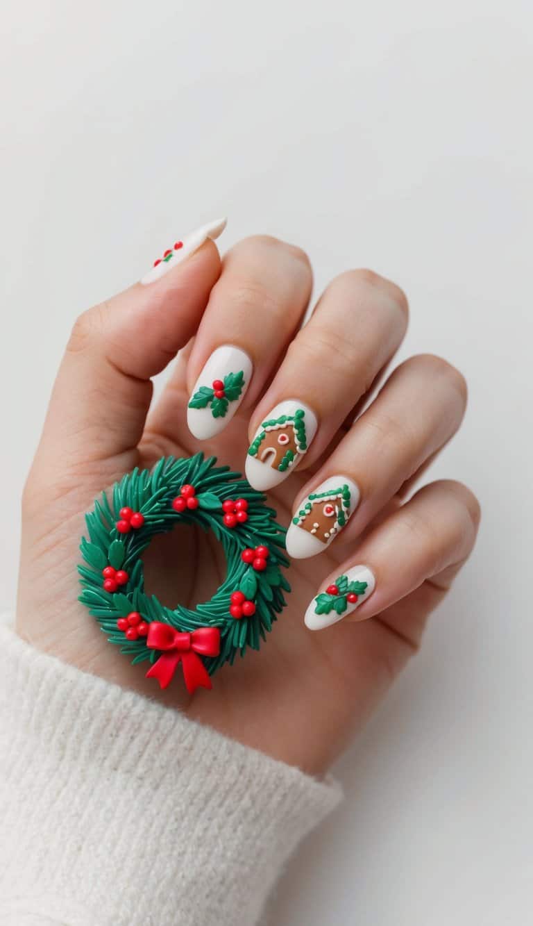 A festive wreath and bow adorn 50 gingerbread houses in a holiday scene