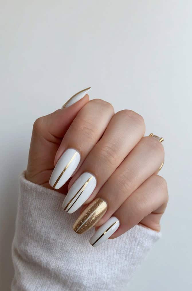 A minimalist white and gold nail art design with clean lines and elegant patterns