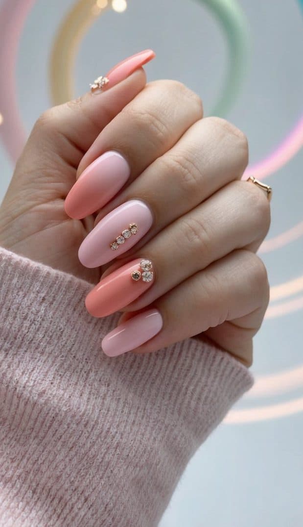 Soft pink ombre nail art designs with coral accents, set against a dreamy and enchanting background of swirling colors and sparkles