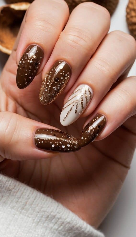 A close-up of brown nails adorned with glitter and intricate designs, set against a backdrop of walnut shells and shimmering gold accents
