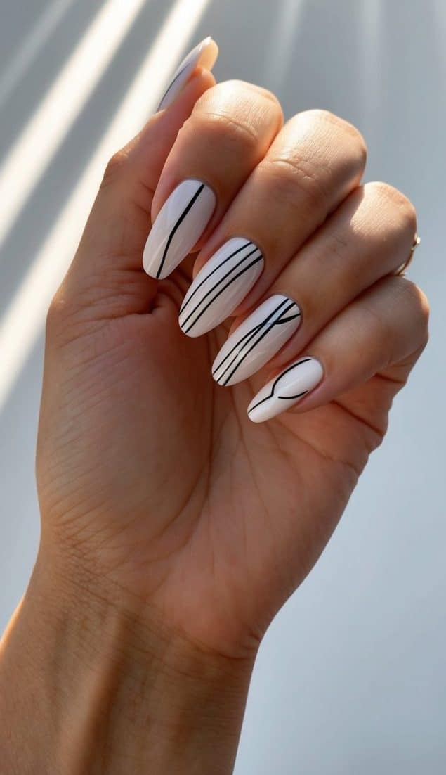 A hand with perfectly manicured nails, showcasing chic line art designs under radiant sunbeams