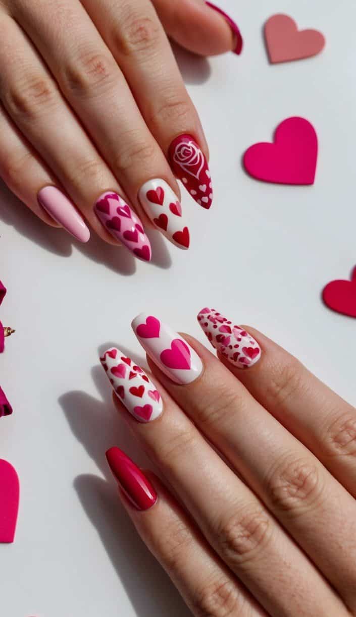 Various nail art designs featuring hearts, roses, and romantic patterns in shades of pink, red, and white