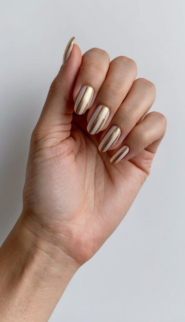 A hand with gold striped nails against a minimalist background