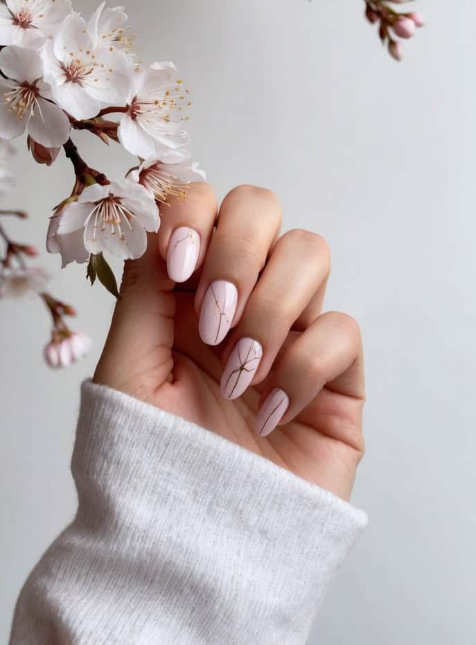 Soft pink nails are adorned with fine gold line accents, resembling subtle cracks