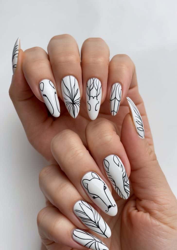 Intricate black line art of abstract animals, leaves, and faces on a white base.